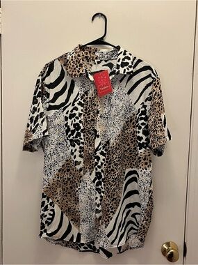 Animal Print Casual Button-Down Shirt - Black, White & Tan